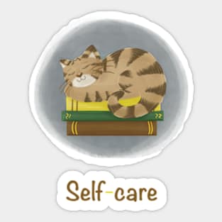 Self-care cat sleeping on books Sticker